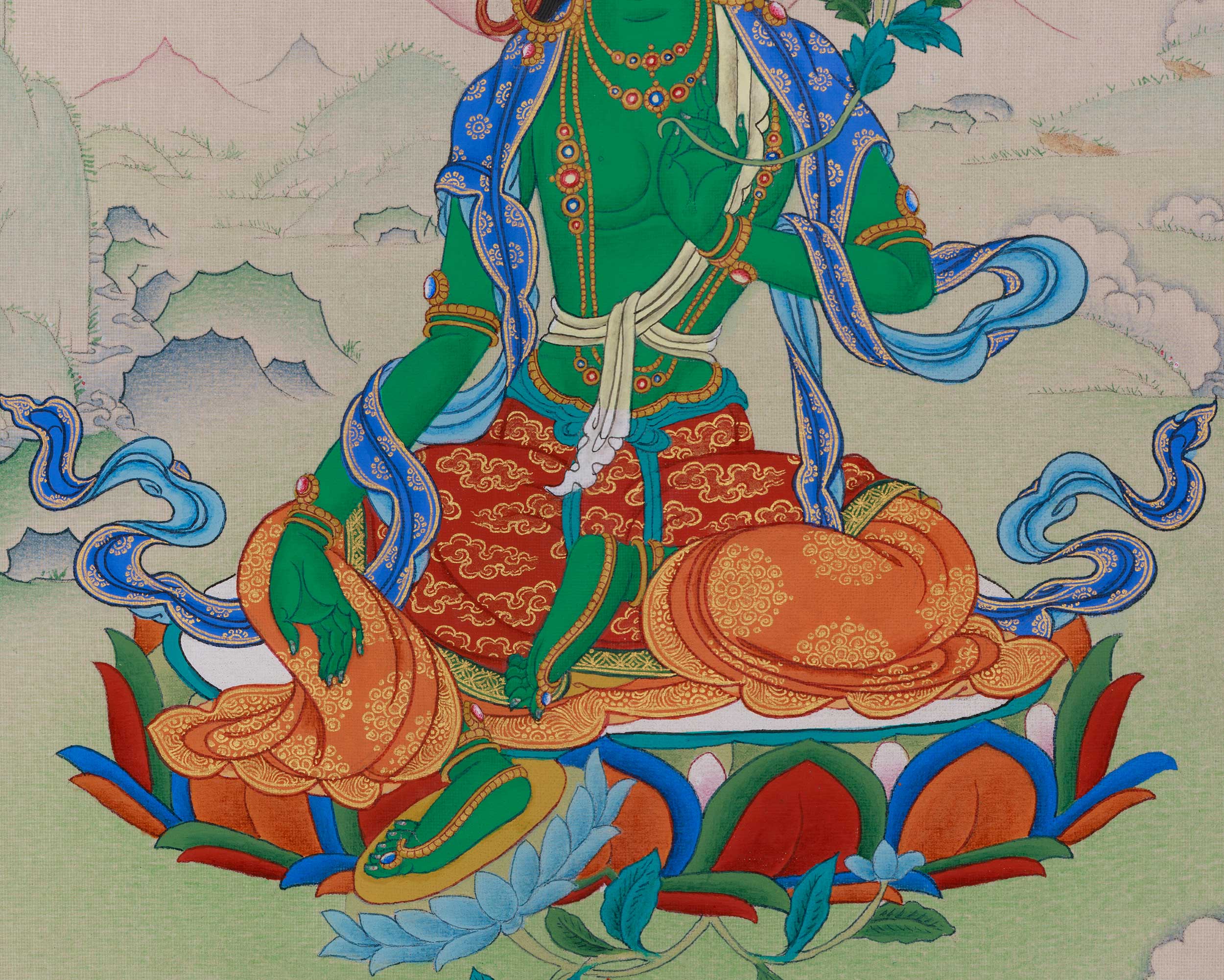 Himalayan Artwork of Green Tara | Symbolizing Compassion, Protection and Enlightened Blessings