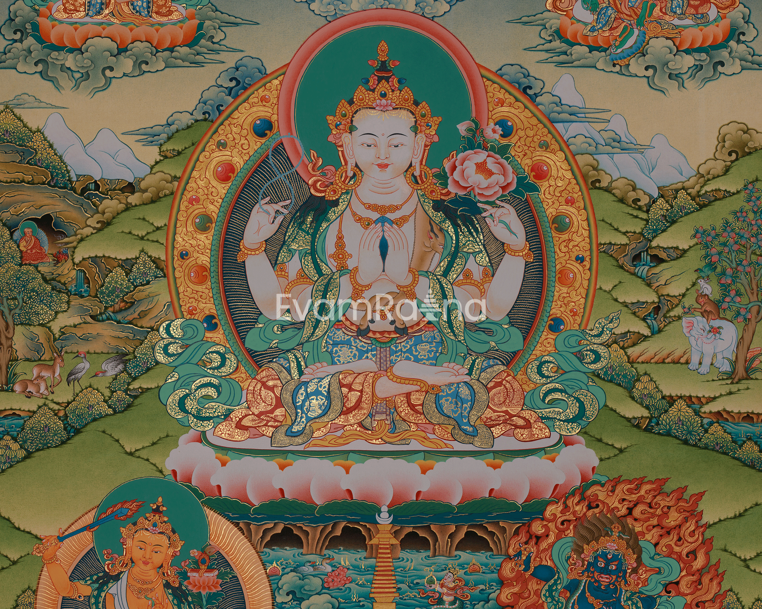 The image is a vibrant and detailed painting featuring a central figure of a Buddhist deity, surrounded by various elements such as animals, plants, and landscapes. The painting is rich in color and intricate in its depiction of the deity and its surroundings.