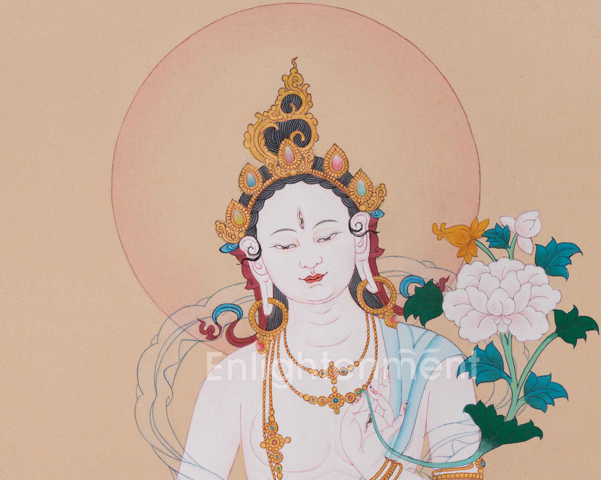 Handmade Longevity Goddess, White Tara Thangka | Female Bodhisattva of Healing
