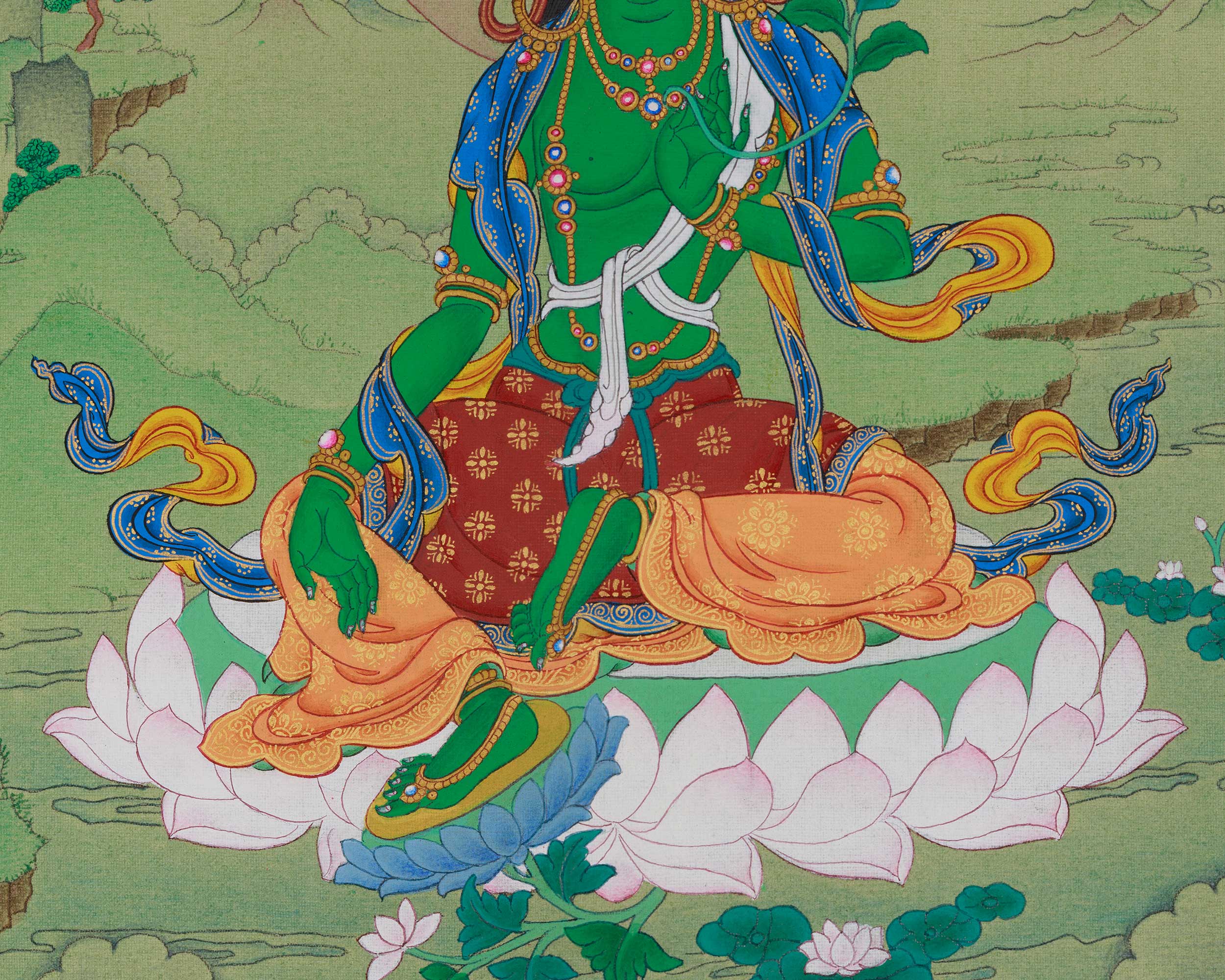 Hand-painted Thangka of Shyama Tara | Green Tara Protection Deity