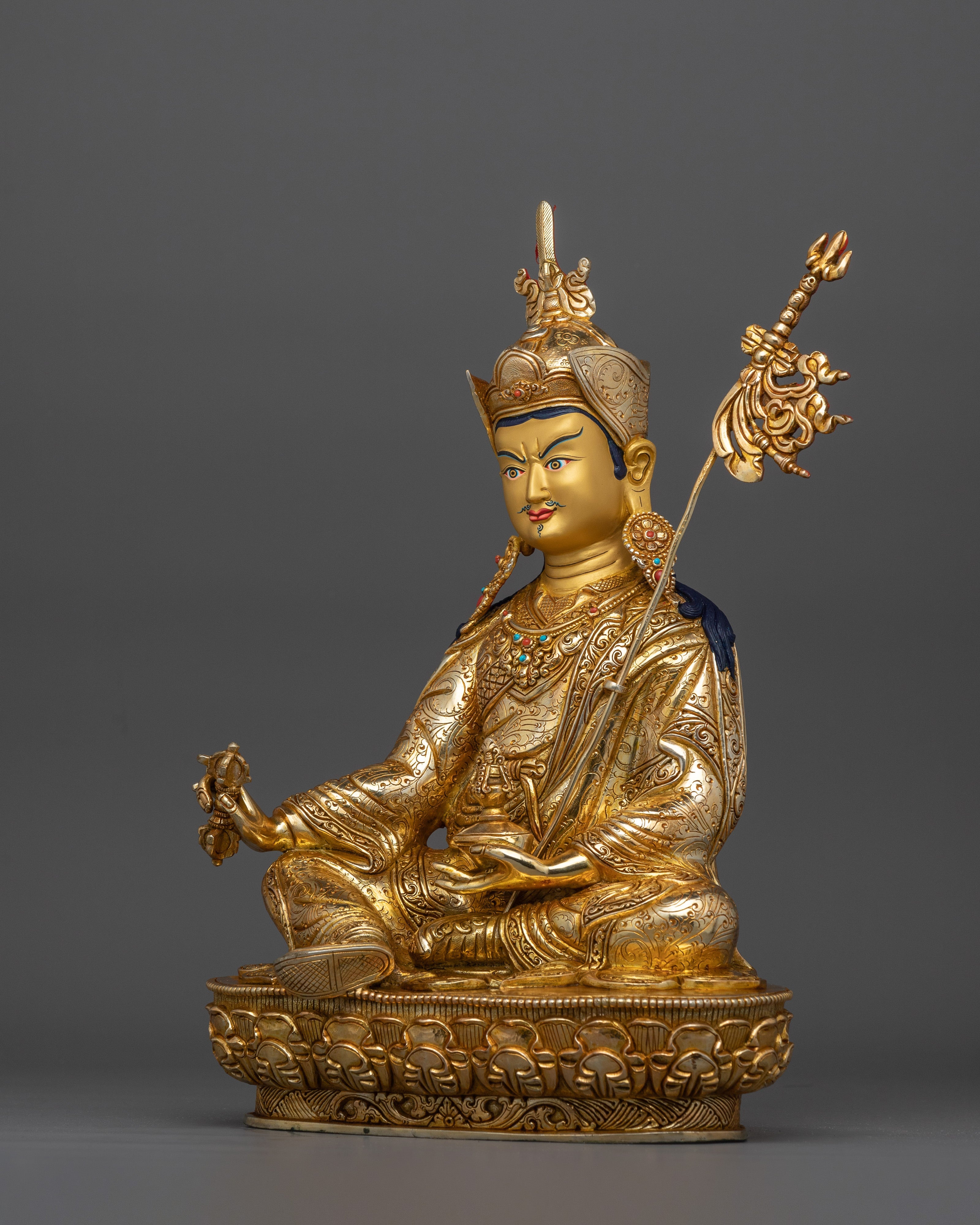 Guru Rinpoche Lotus-Born Tantric Master Statue | Handcrafted Gold Electroplated Artwork