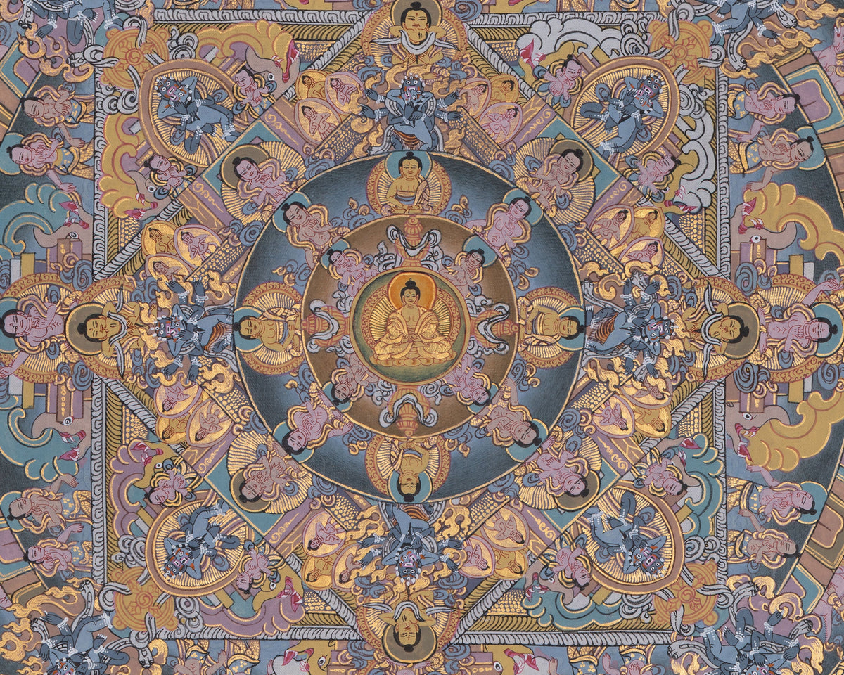 Traditional Painted Grey Colored Buddha Mandala | A Symbol of Wisdom & Balance