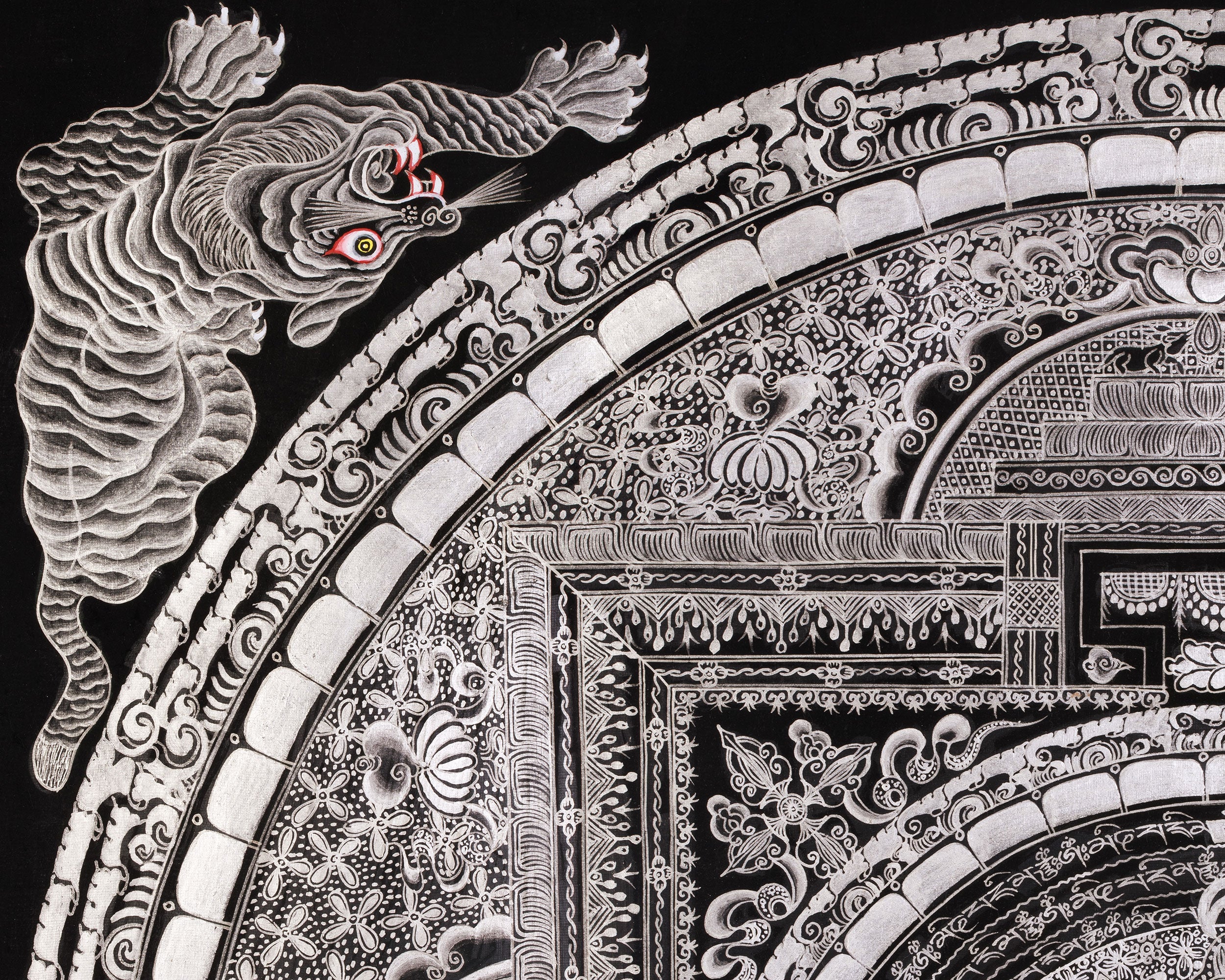 Giclée Mantra Mandala Print | Mythical Creatures, Concentric Circles, and Protective Mantras