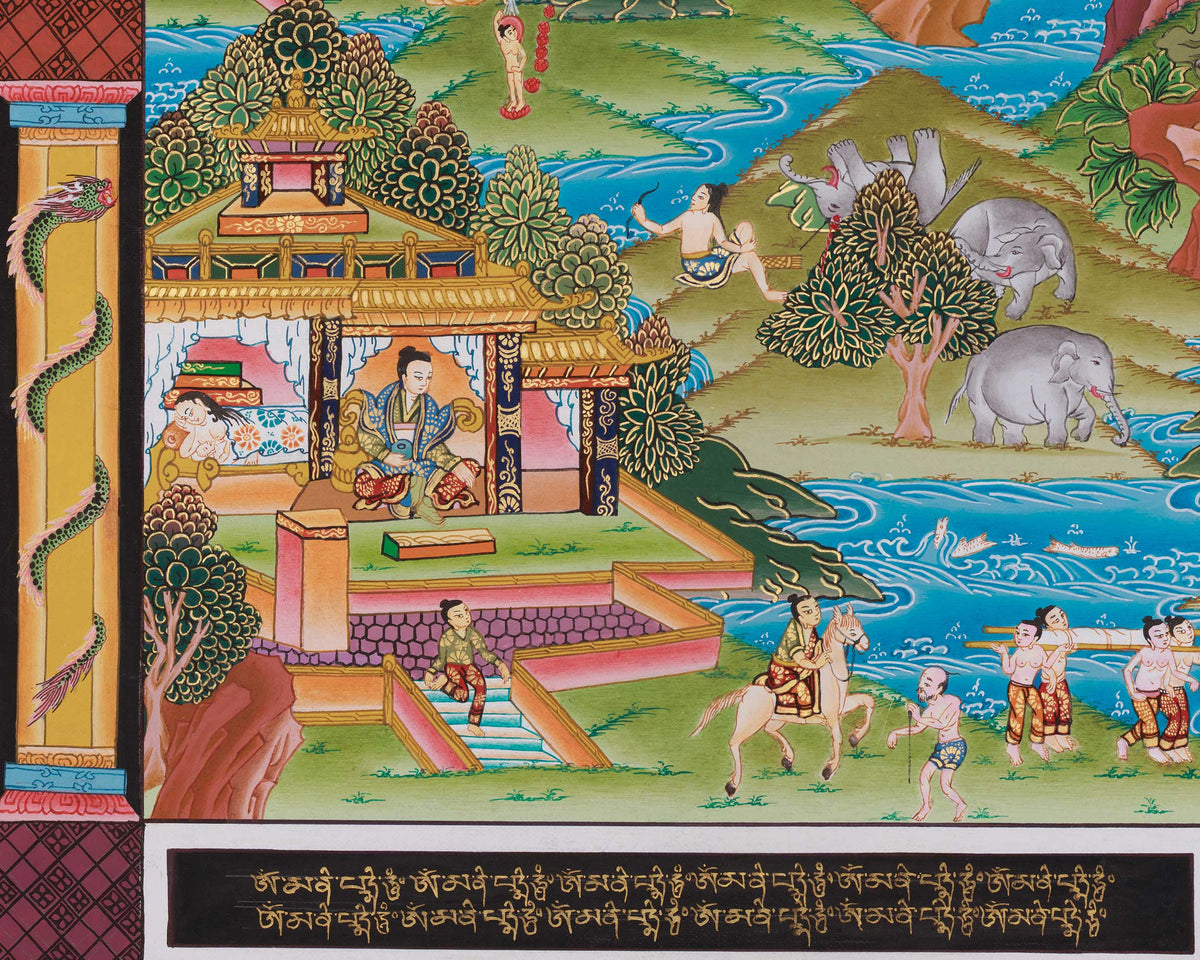 Horizontal Buddha Life Story Thangka | A Sacred Thangka of Awakening