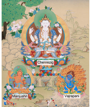 Bodhisattvas Chenrezig, Manjushri, and Vajrapani | Thangka of Divine Trio