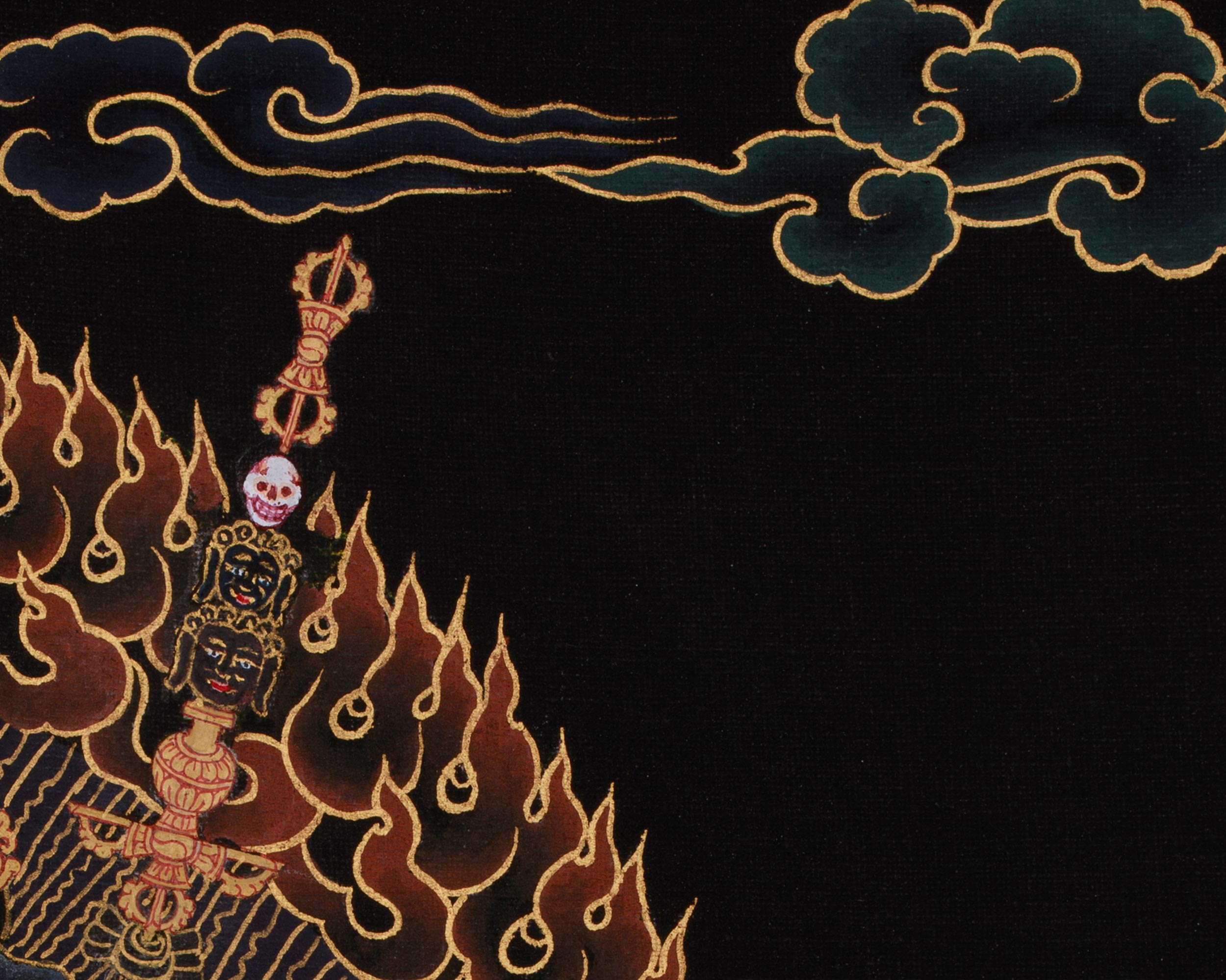 Black and Gold Wrathful Deity Simhamukha | Lion-Headed Dakini Thangka