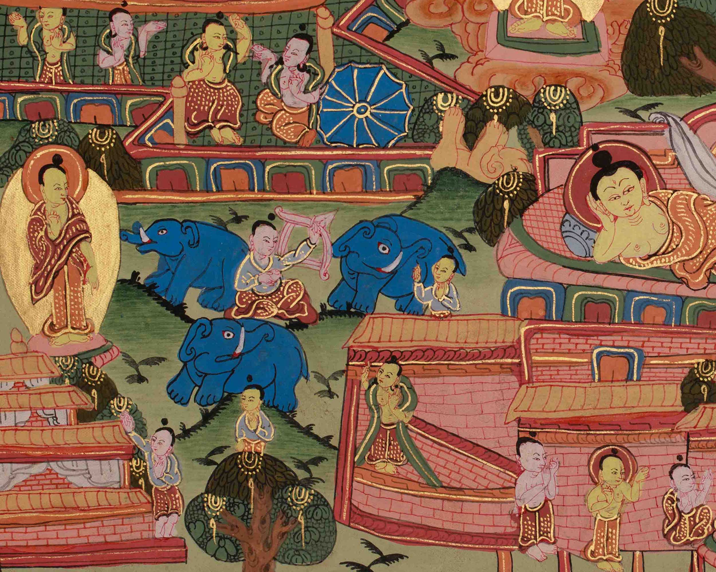 Traditional Buddha Life Story Thangka | Sacred Journey from Birth to Enlightenment