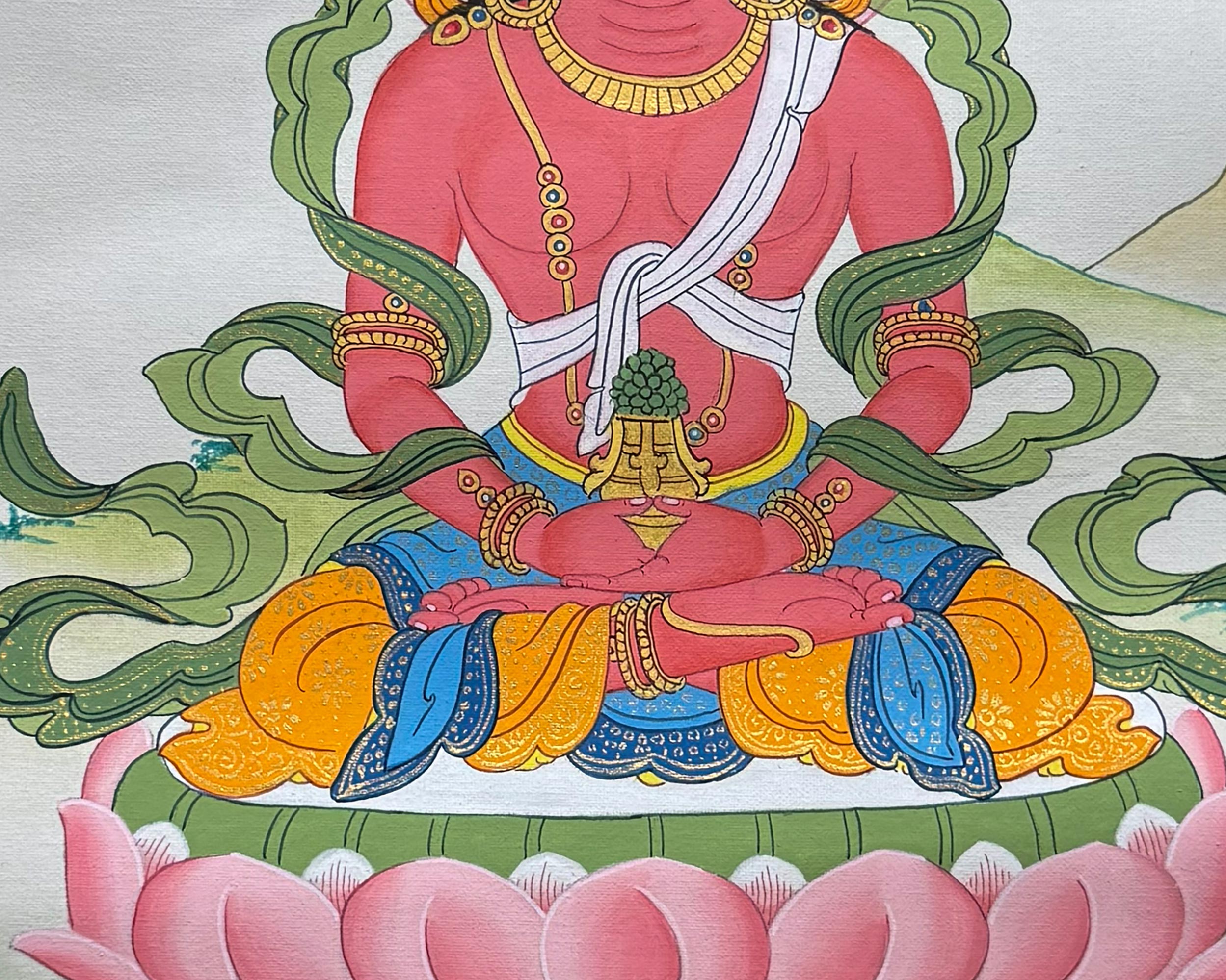 Amitayus Buddha Thangka With Brocade | Symbol of Infinite Life