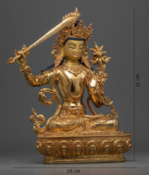 Manjushri Bodhisattva of Wisdom Statue | Gold Gilded Statue of Sword Wielding Bodhisattva