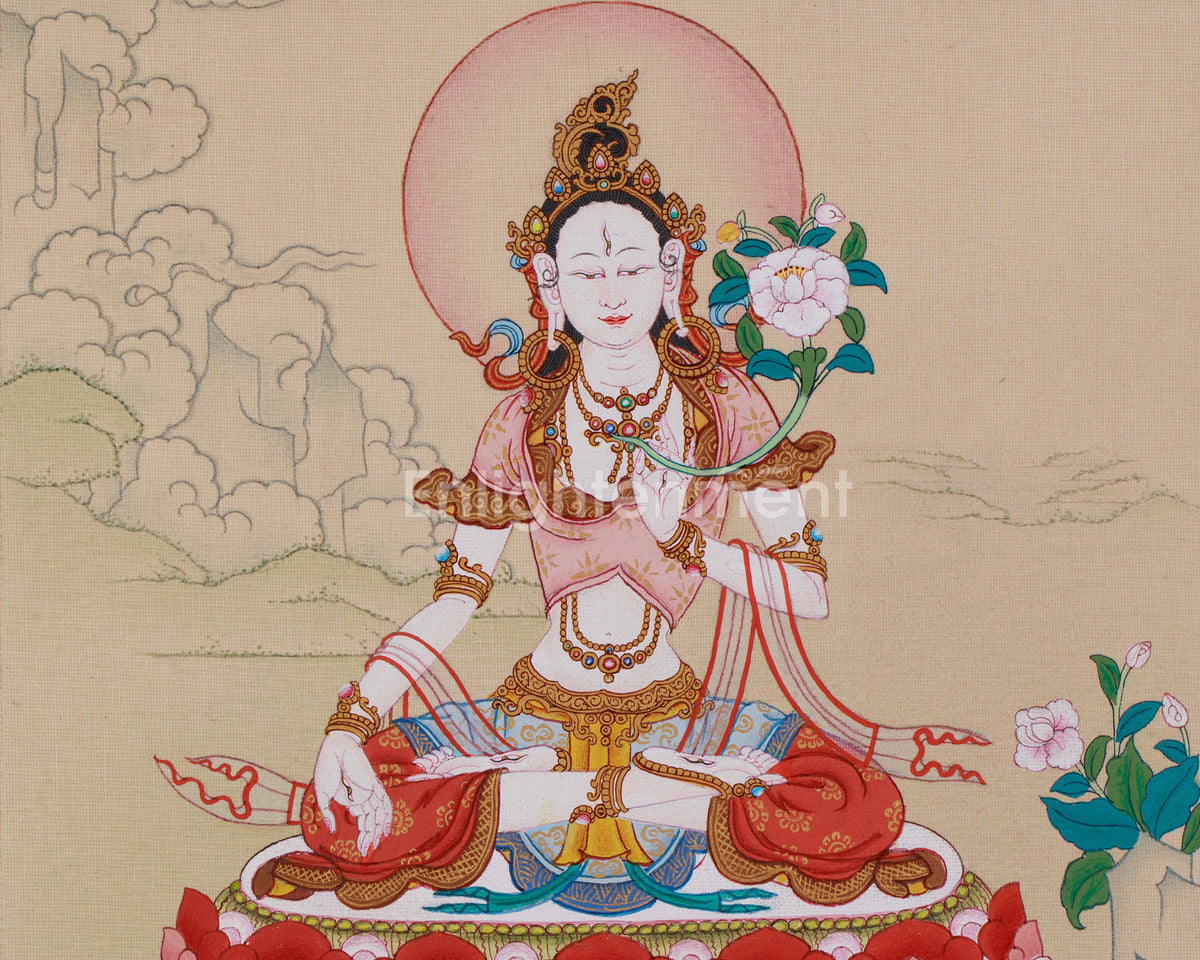 Hand Painted White Tara Art | Healing and Longevity Deity | Sita Tara With Brocade