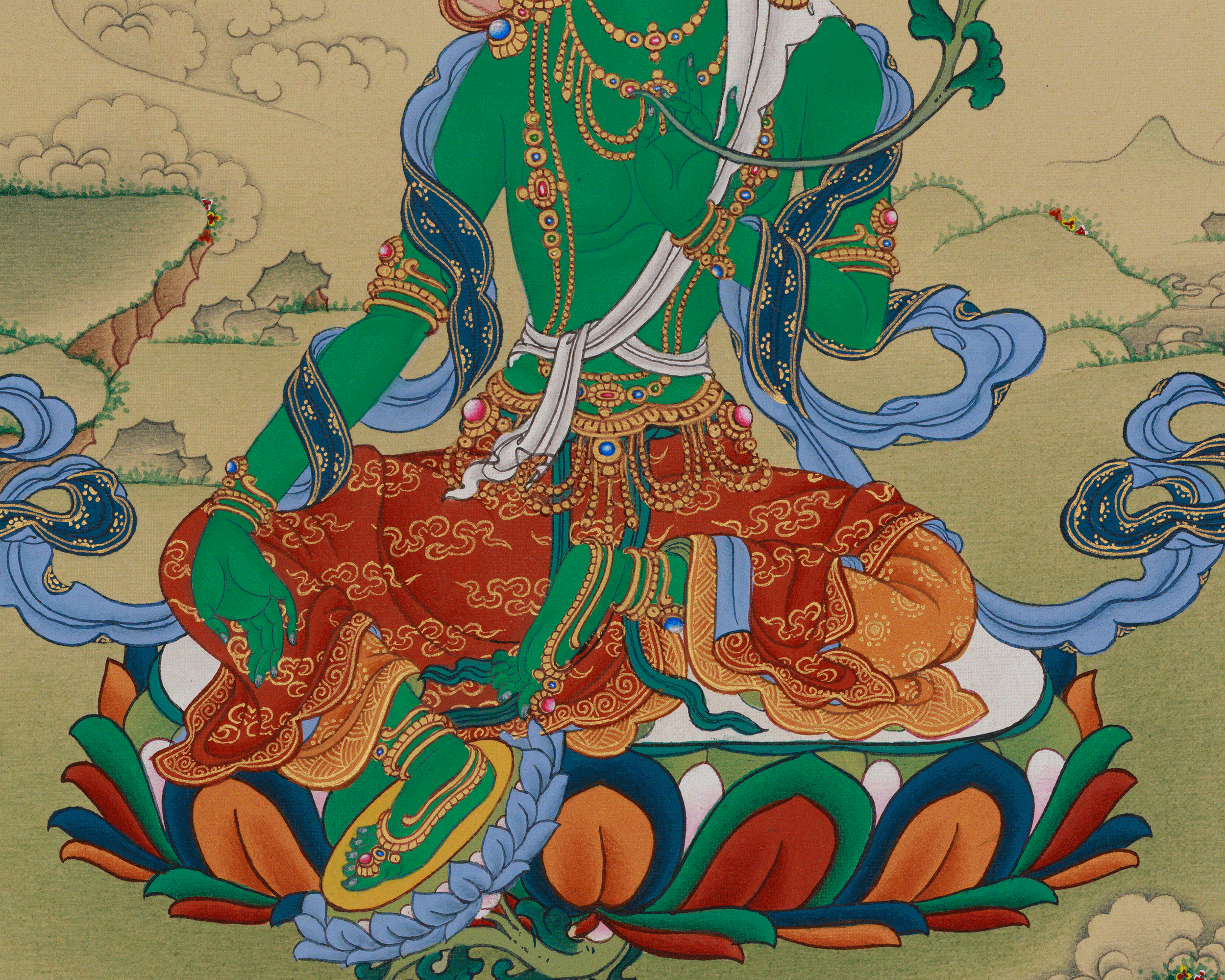 Hand Painted Green Tara Thangka | Compassion, Protection, and Swift Blessings