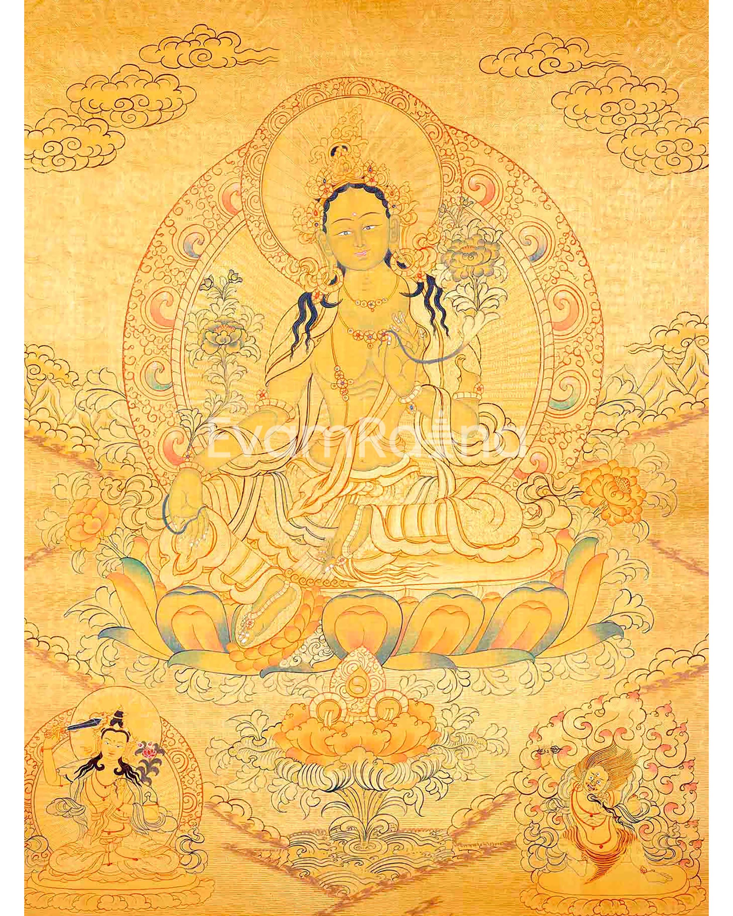 Green Tara Original Hand Painted 24K Gold Style Tibetan Thangka | Healing Female Deity