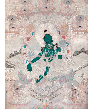Silver Style Green Tara Thangka Art | Original Hand Painted Thangka Painting | Wall Hanging For Meditation And Yoga |