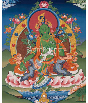 Green Tara Thangka | Original Hand Painted Healing Female Deity | Healing Tara Painting | Art Painting for Meditation and Yoga | Wall Decor
