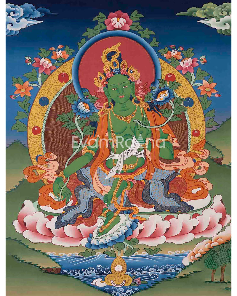 Green Tara Thangka | Original Hand Painted Healing Female Deity | Healing Tara Painting | Art Painting for Meditation and Yoga | Wall Decor