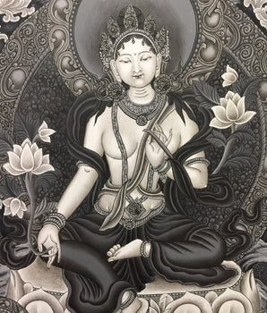 Green Tara thangka flanked by Manjusree and Vajrapani | Arya Tara Dolma Painting