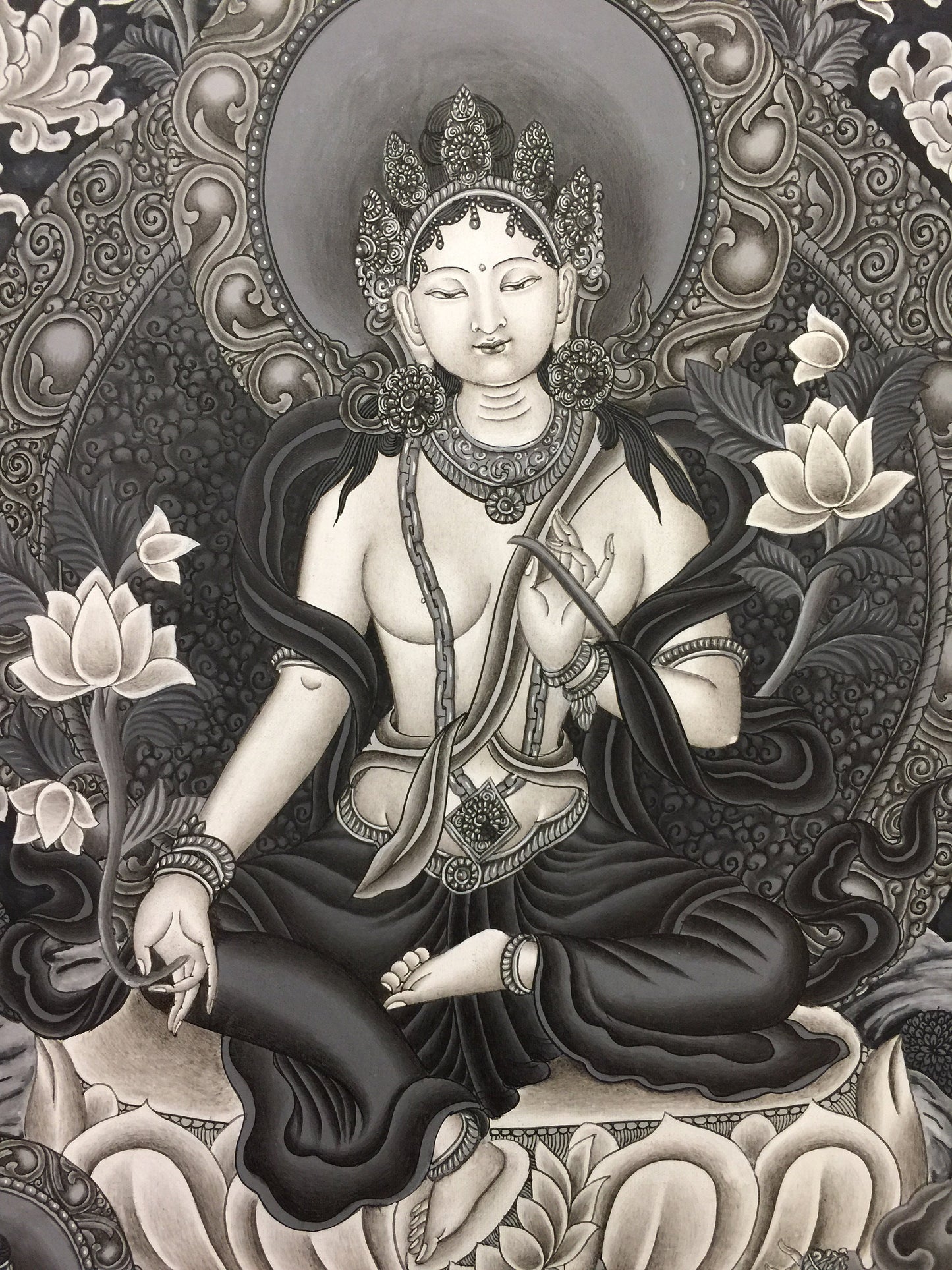 Green Tara thangka flanked by Manjusree and Vajrapani | Arya Tara Dolma Painting