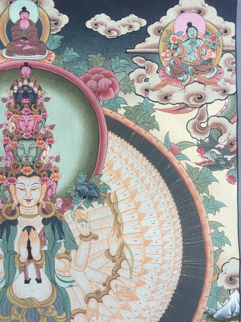 Chengrezig Thangka,Avalokitesvara Thangka-with 24 karat Gold