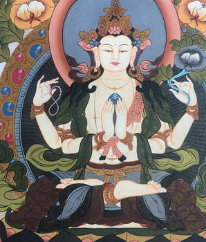 Original Hand painted 4 Armed Chenrezig Bodhisattva Thangka | Hand Painted Buddhist Art