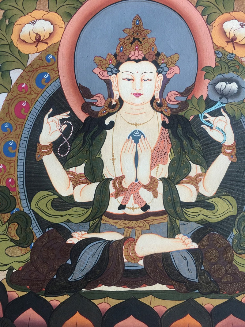 Original Hand painted 4 Armed Chenrezig Bodhisattva Thangka | Hand Painted Buddhist Art