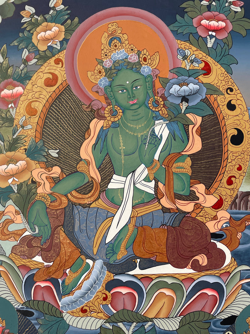 Original Hand-Painted Green Tara Thangka | Traditional Art | Bodhisattva | Compassion, Wisdom and Protection |