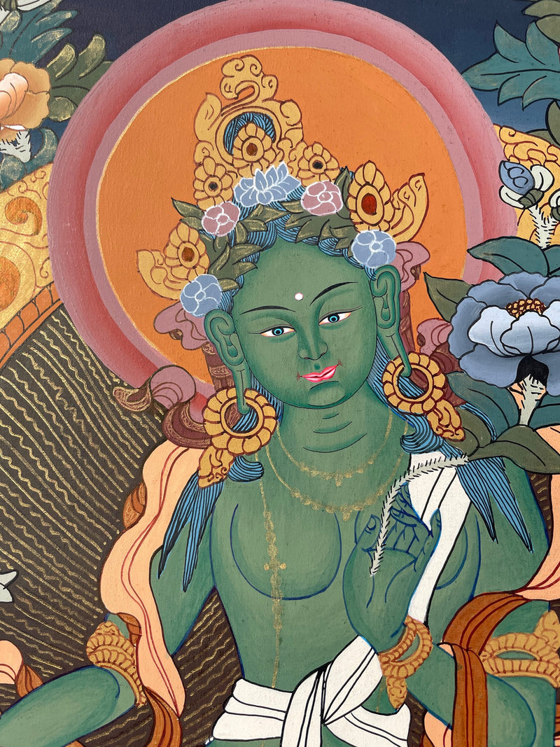 Original Hand-Painted Green Tara Thangka | Traditional Art | Bodhisattva | Compassion, Wisdom and Protection |