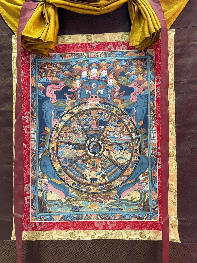 Brocaded Wheel of Life Thangka |  Buddhist Art | Tibetan Buddhism | Yoga and Meditation Decor