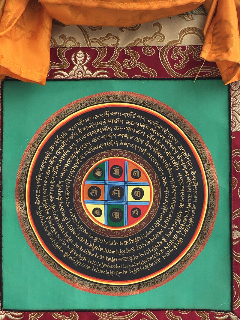 Mantra Mandala Mounted on Beautiful Green  Flower Silk Brocade | Meditation Decor