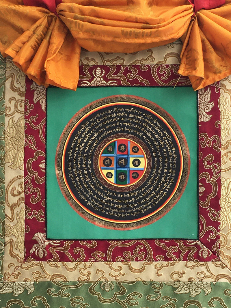 Mantra Mandala Mounted on Beautiful Green  Flower Silk Brocade | Meditation Decor