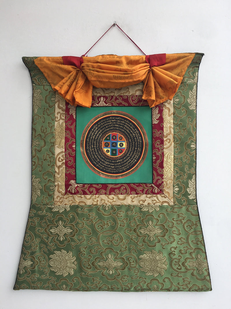 Mantra Mandala Mounted on Beautiful Green  Flower Silk Brocade | Meditation Decor