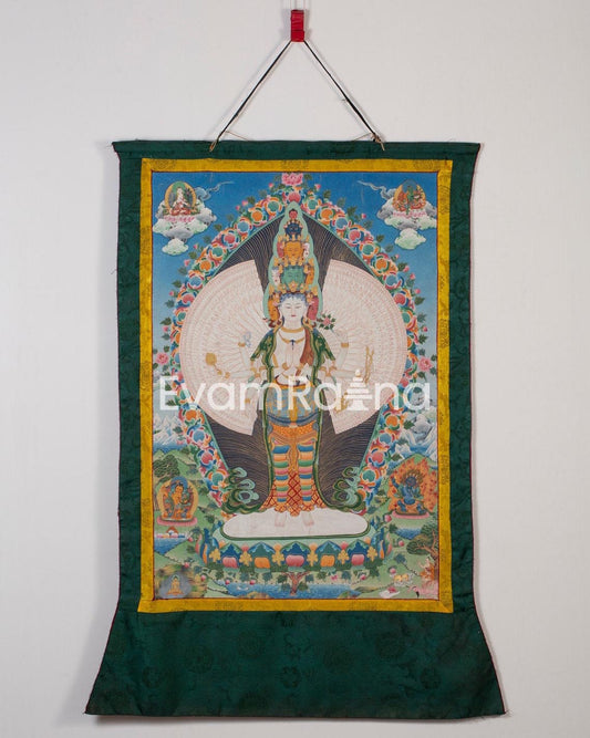 Vintage Avalokiteshvara Thangka | Manjushree, Vajrapani, White & Green Tara