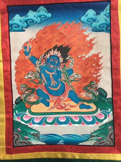 Arya Bodhisattva Vajrapani Thangka Painting with Brocade Mounted | Tantric Wrathful Bodhisattva Painting | Wall Hanging Yoga Meditation Art