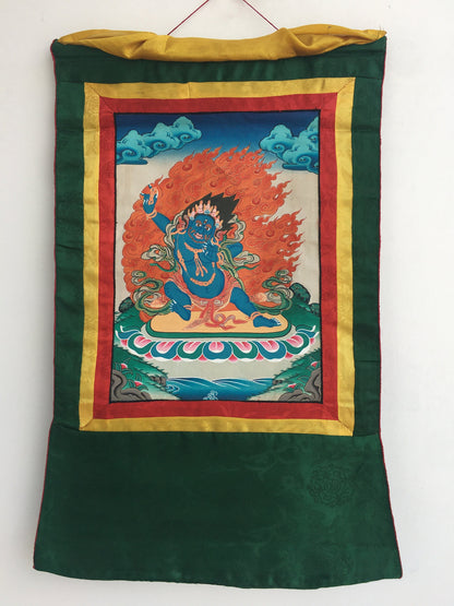 Arya Bodhisattva Vajrapani Thangka Painting with Brocade Mounted | Tantric Wrathful Bodhisattva Painting | Wall Hanging Yoga Meditation Art