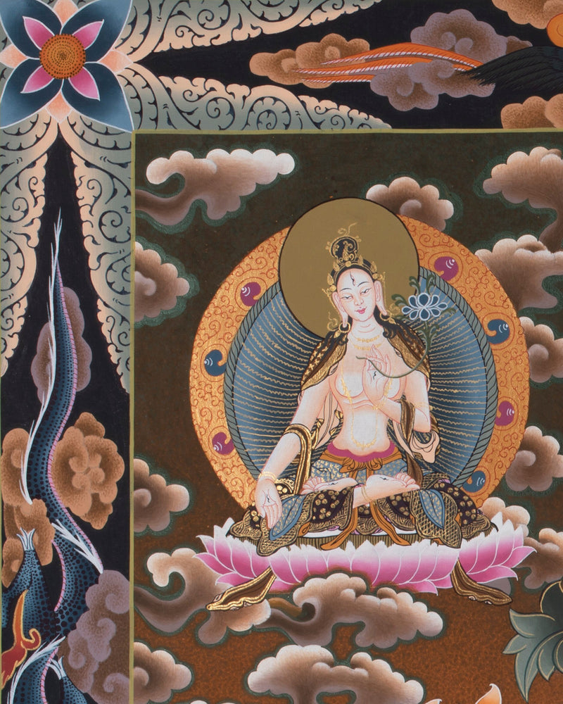 1000 Armed Chenrezig with Bodhisattvas and Dragon | Tibetan Thangka painting