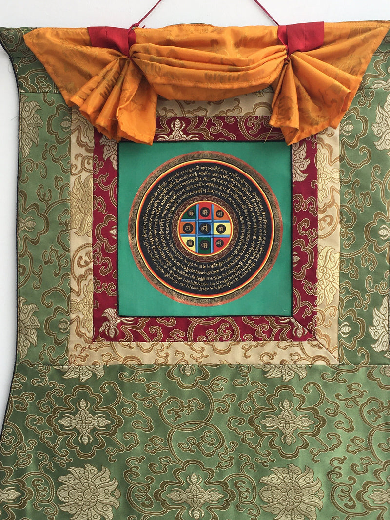 Mantra Mandala Mounted on Beautiful Green  Flower Silk Brocade | Meditation Decor