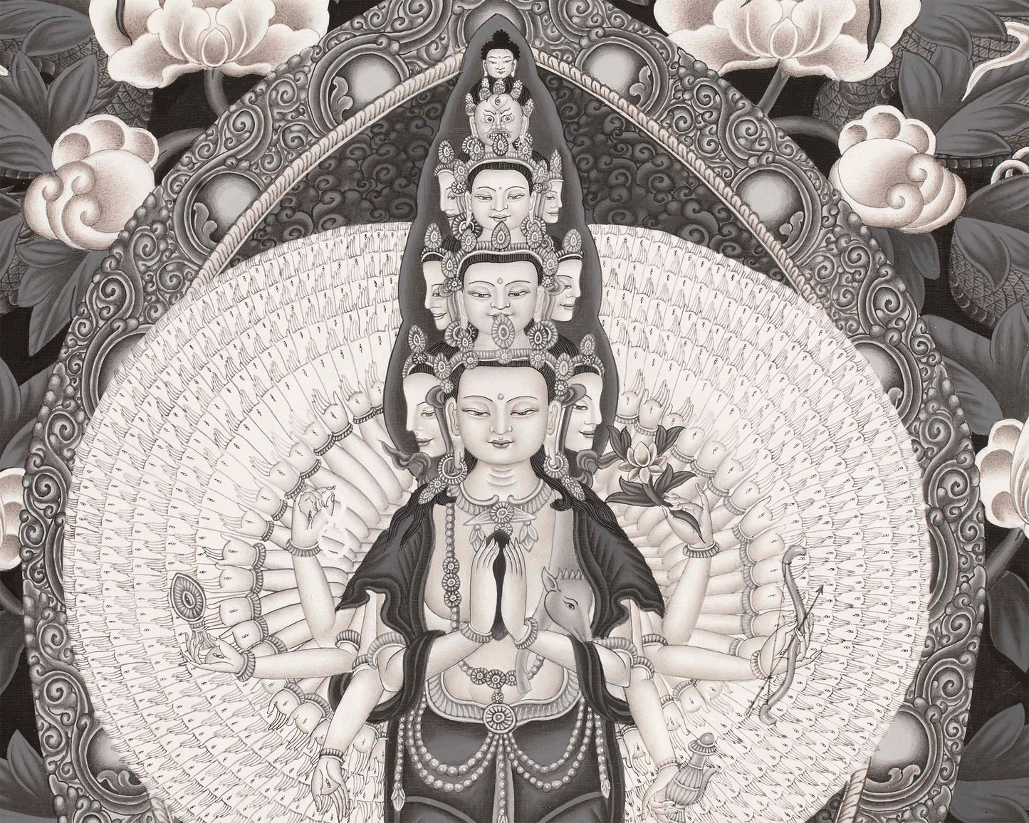 Black & White Bodhisattva 1,000 Armed Avalokitesvara Thangka | God of Compassion