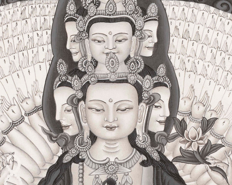 Black & White Bodhisattva 1,000 Armed Avalokitesvara Thangka | God of Compassion