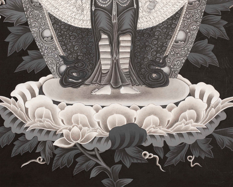 Black & White Bodhisattva 1,000 Armed Avalokitesvara Thangka | God of Compassion