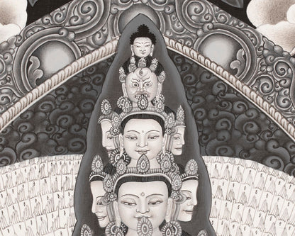 Black & White Bodhisattva 1,000 Armed Avalokitesvara Thangka | God of Compassion