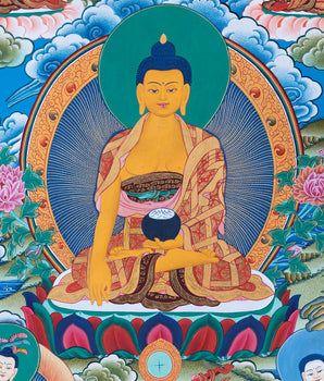 Thangka Painting of  Shakyamuni , Dipankara  and Maitreya Buddha Surrounded by The Great Buddhist Masters