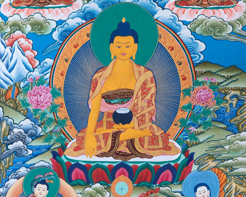 Thangka Painting of  Shakyamuni , Dipankara  and Maitreya Buddha Surrounded by The Great Buddhist Masters