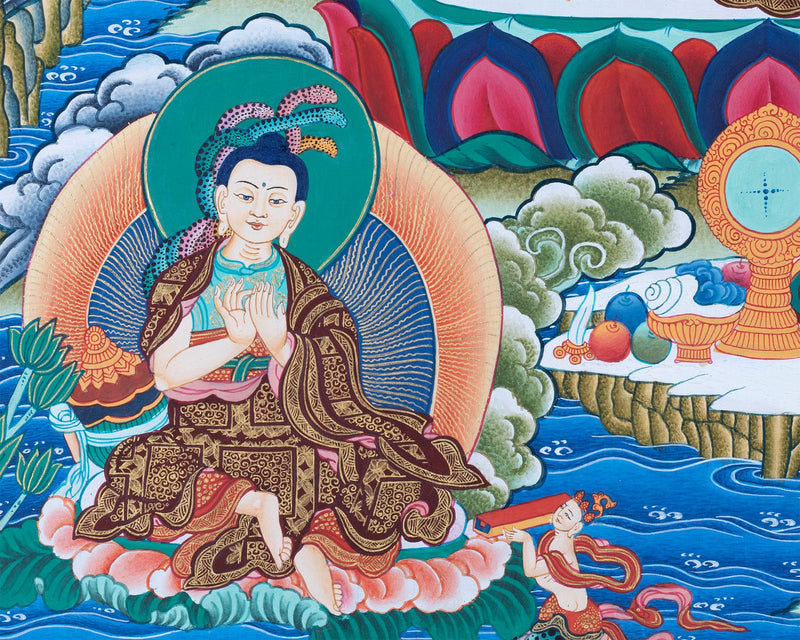 Thangka Painting of  Shakyamuni , Dipankara  and Maitreya Buddha Surrounded by The Great Buddhist Masters