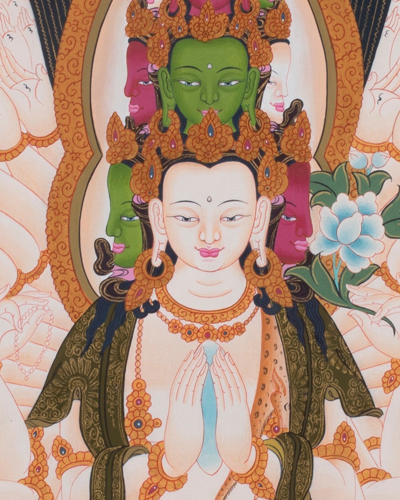 1000 Armed Chenrezig with Bodhisattvas and Dragon | Tibetan Thangka painting