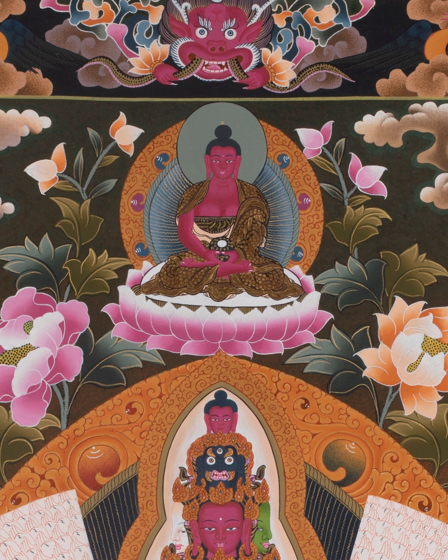 1000 Armed Chenrezig with Bodhisattvas and Dragon | Tibetan Thangka painting