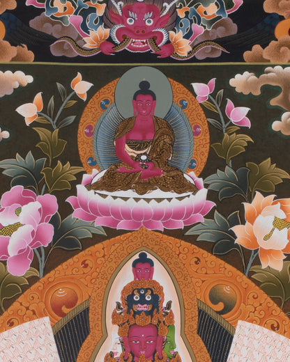 1000 Armed Chenrezig with Bodhisattvas and Dragon | Tibetan Thangka painting