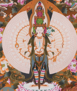 1000 Armed Chenrezig with Bodhisattvas and Dragon | Tibetan Thangka painting