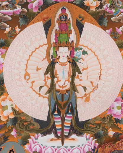 1000 Armed Chenrezig with Bodhisattvas and Dragon | Tibetan Thangka painting