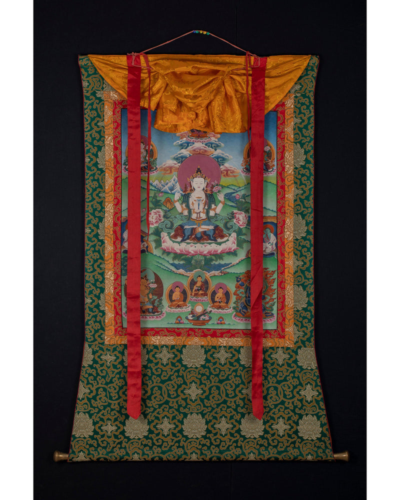 Original Vintage Chenrezig Thanka with Brocade | Traditional Thangka Art