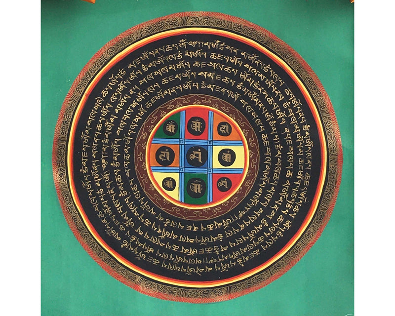 Mantra Mandala Mounted on Beautiful Green  Flower Silk Brocade | Meditation Decor