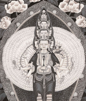 Black & White Bodhisattva 1,000 Armed Avalokitesvara Thangka | God of Compassion